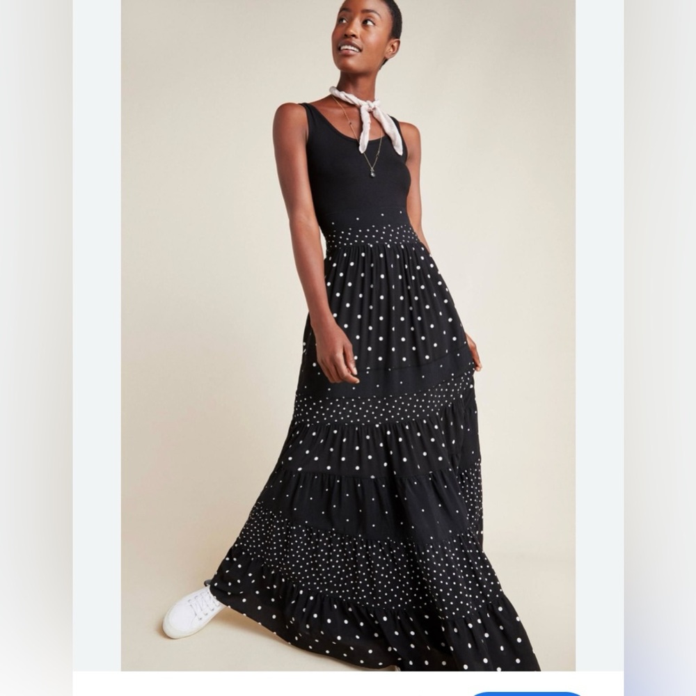 Anthropologie Black Maxi Dress with White Dots
Length 60”
Waist 28”